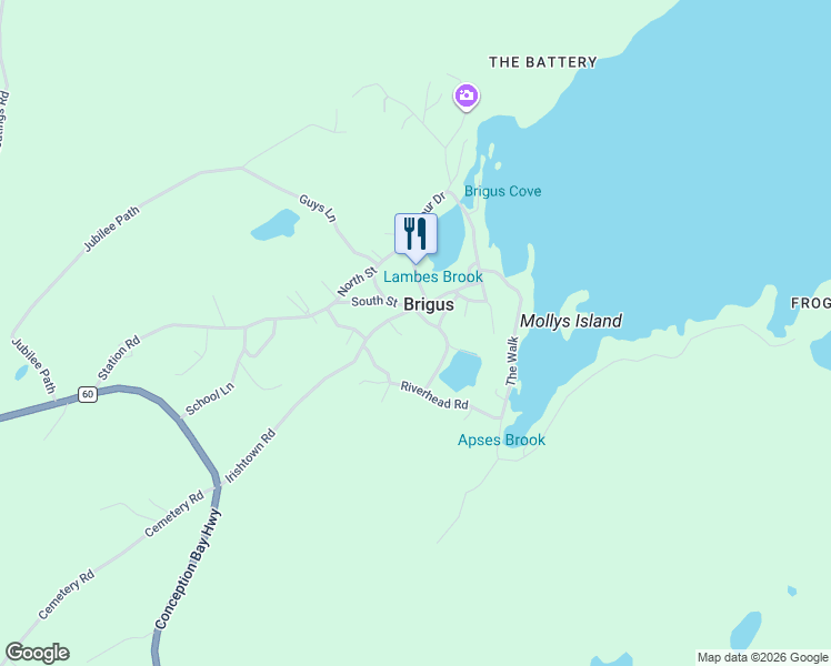 map of restaurants, bars, coffee shops, grocery stores, and more near 1 South Street in Brigus