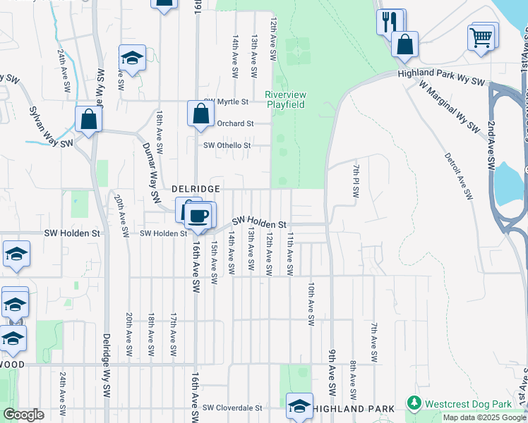 map of restaurants, bars, coffee shops, grocery stores, and more near 7514 12th Avenue Southwest in Seattle