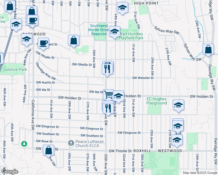 map of restaurants, bars, coffee shops, grocery stores, and more near 7520 35th Avenue Southwest in Seattle