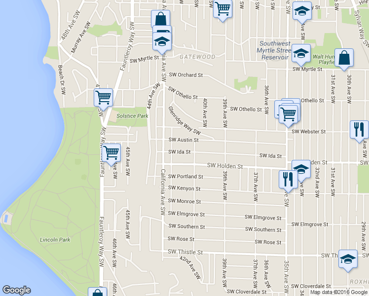 map of restaurants, bars, coffee shops, grocery stores, and more near 4107 Southwest Austin Street in Seattle