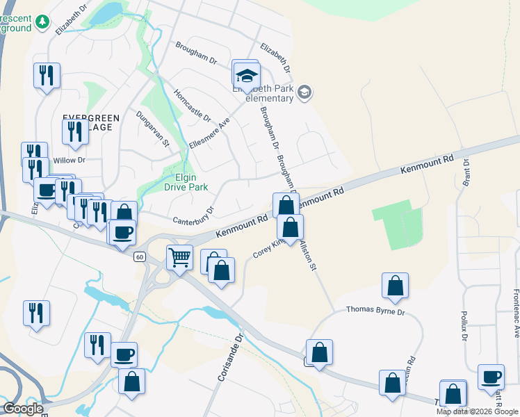 map of restaurants, bars, coffee shops, grocery stores, and more near 17 Rathburn Drive in Paradise