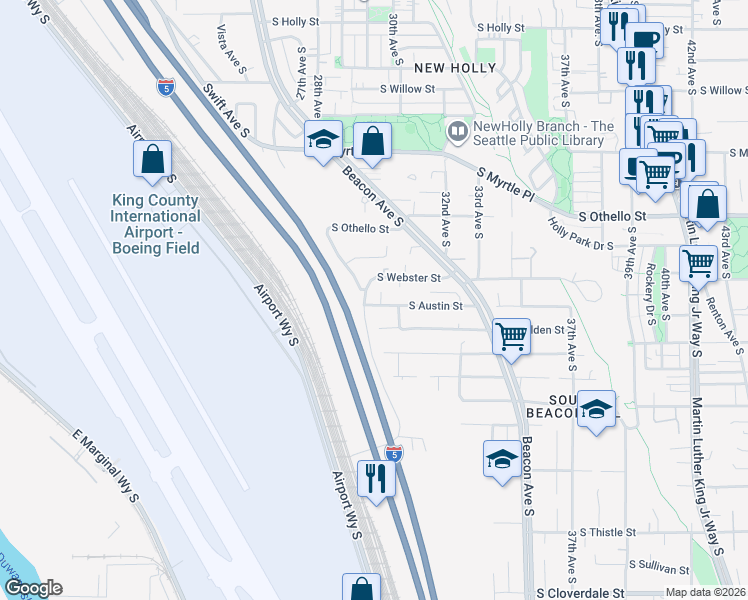 map of restaurants, bars, coffee shops, grocery stores, and more near 7507 29th Avenue South in Seattle