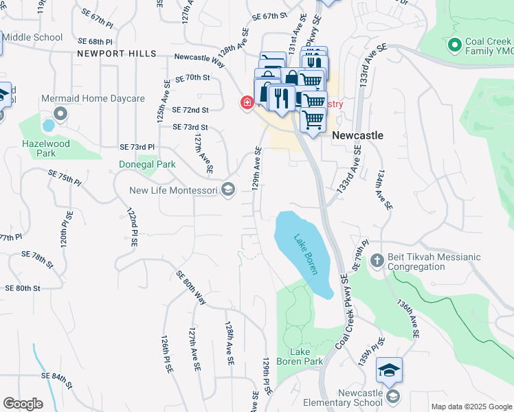 map of restaurants, bars, coffee shops, grocery stores, and more near 7574 129th Place Southeast in Newcastle