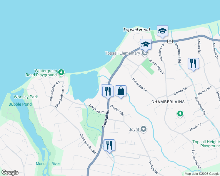 map of restaurants, bars, coffee shops, grocery stores, and more near 2535 Topsail Road in Conception Bay South