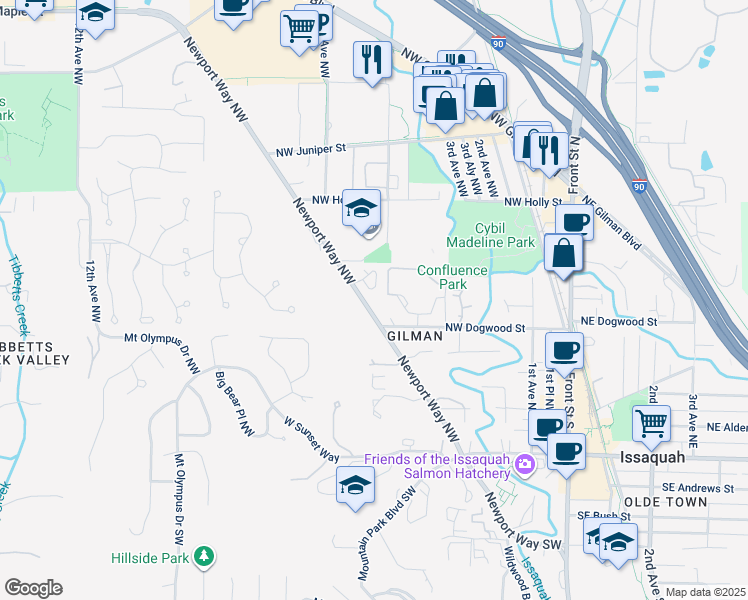 map of restaurants, bars, coffee shops, grocery stores, and more near 460 Newport Way Northwest in Issaquah