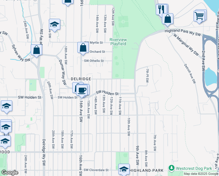 map of restaurants, bars, coffee shops, grocery stores, and more near 7514 12th Avenue Southwest in Seattle