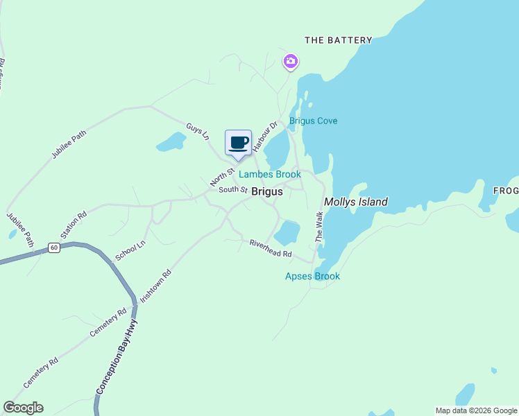 map of restaurants, bars, coffee shops, grocery stores, and more near 1 South Street in Brigus