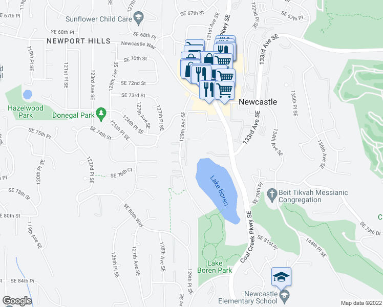 map of restaurants, bars, coffee shops, grocery stores, and more near 7573 129th Place Southeast in Newcastle