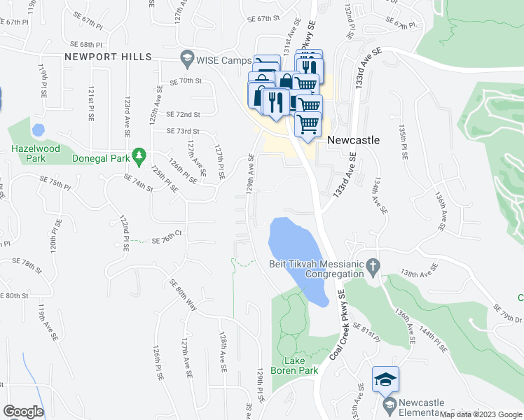 map of restaurants, bars, coffee shops, grocery stores, and more near 7549 129th Place Southeast in Newcastle