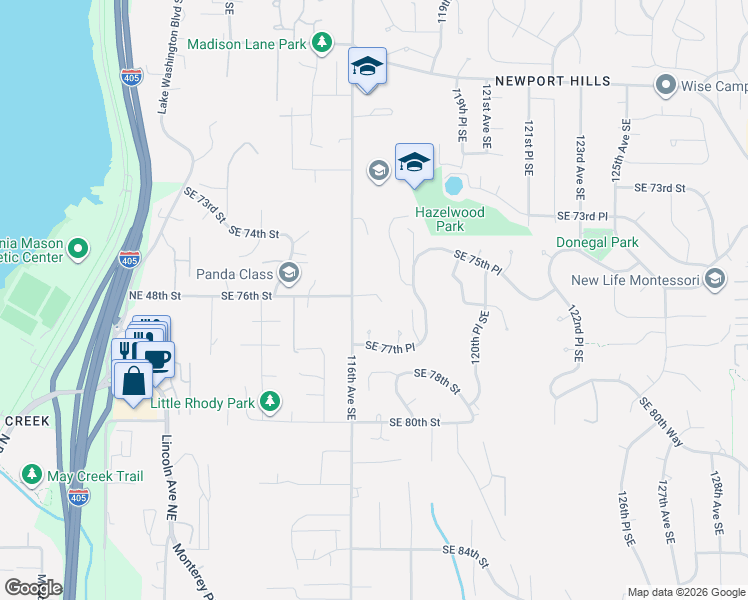 map of restaurants, bars, coffee shops, grocery stores, and more near 11630 Southeast 76th Court in Newcastle
