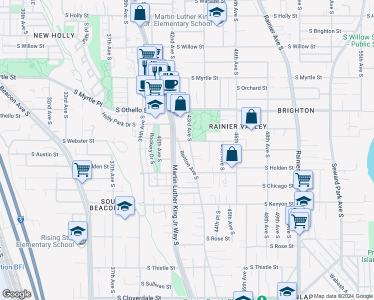 map of restaurants, bars, coffee shops, grocery stores, and more near 7500 Renton Avenue South in Seattle