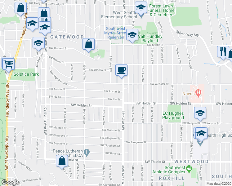 map of restaurants, bars, coffee shops, grocery stores, and more near 3518 Southwest Austin Street in Seattle