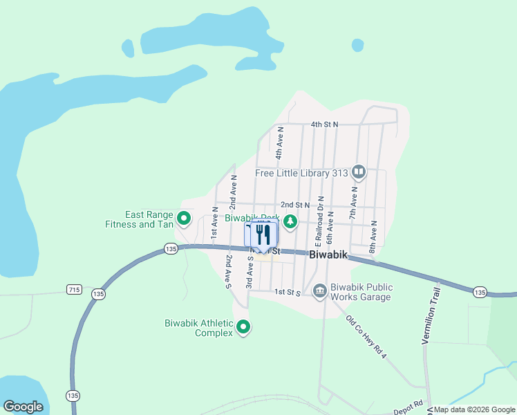 map of restaurants, bars, coffee shops, grocery stores, and more near 211 3rd Avenue North in Biwabik