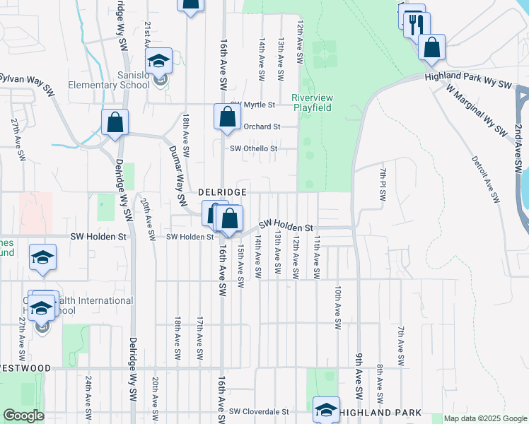 map of restaurants, bars, coffee shops, grocery stores, and more near 7526 14th Avenue Southwest in Seattle