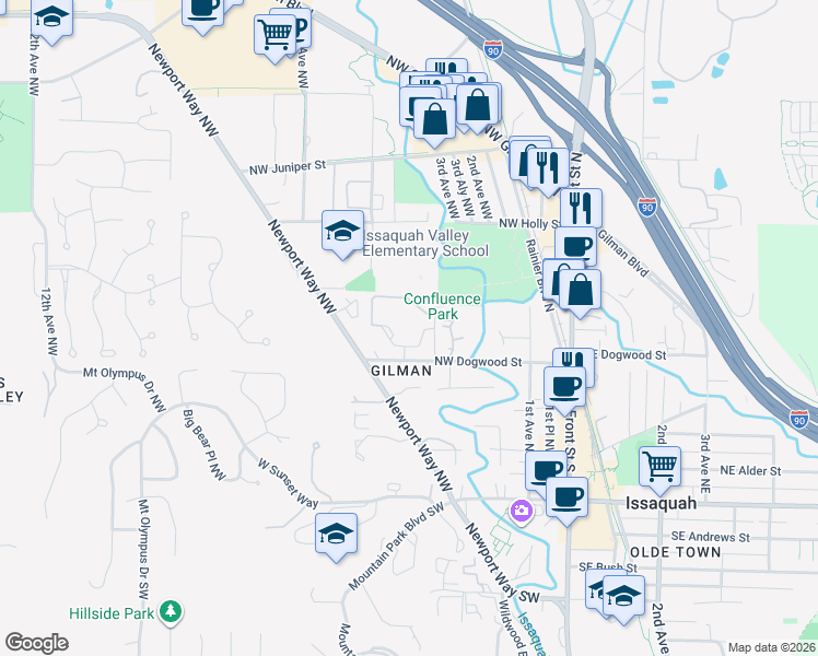 map of restaurants, bars, coffee shops, grocery stores, and more near 360 Northwest Dogwood Street in Issaquah