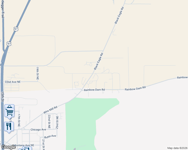 map of restaurants, bars, coffee shops, grocery stores, and more near 3101 Black Eagle Road in Great Falls