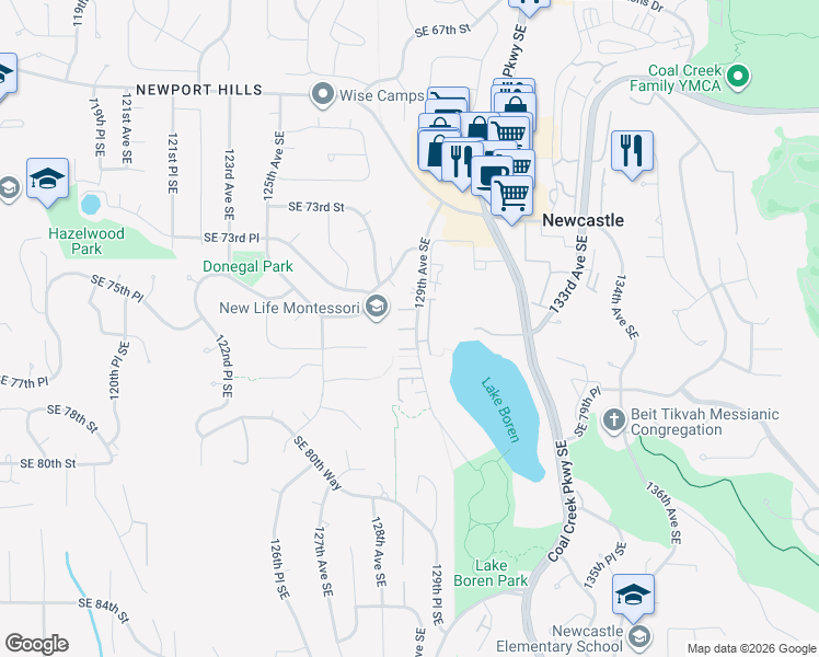 map of restaurants, bars, coffee shops, grocery stores, and more near 12832 Southeast 75th Terrace in Newcastle