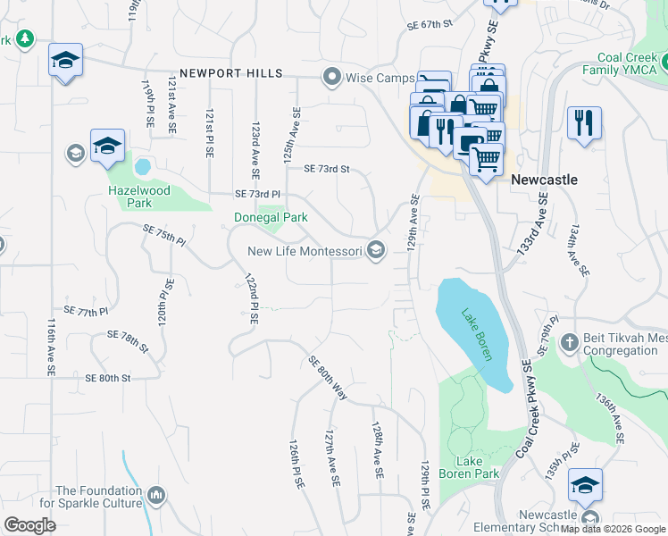 map of restaurants, bars, coffee shops, grocery stores, and more near 7668 126th Avenue Southeast in Newcastle