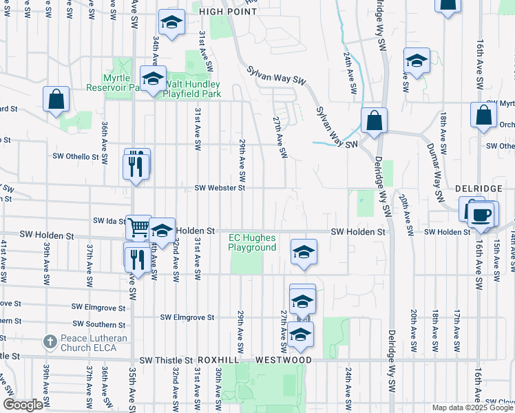 map of restaurants, bars, coffee shops, grocery stores, and more near 7525 28th Avenue Southwest in Seattle