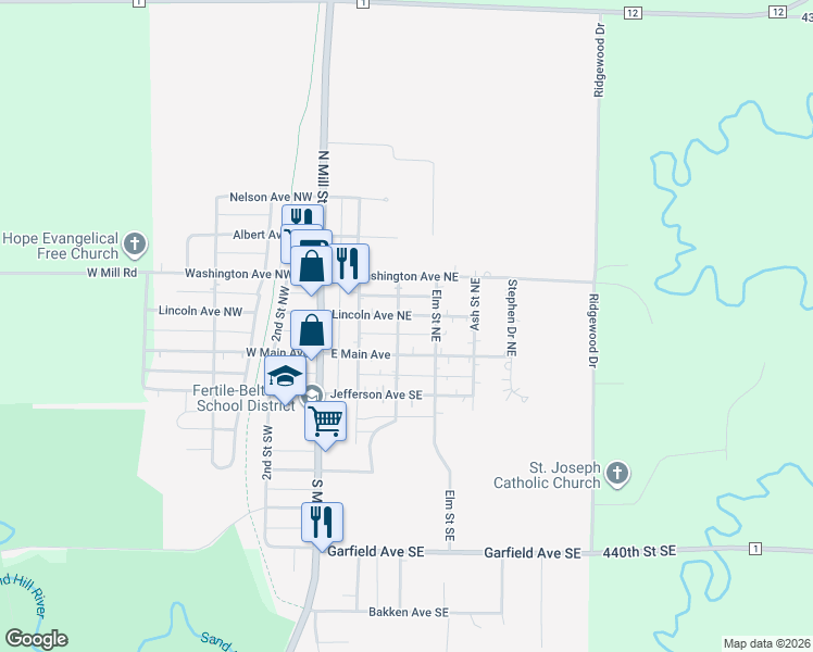map of restaurants, bars, coffee shops, grocery stores, and more near 302 Lincoln Avenue Northwest in Fertile