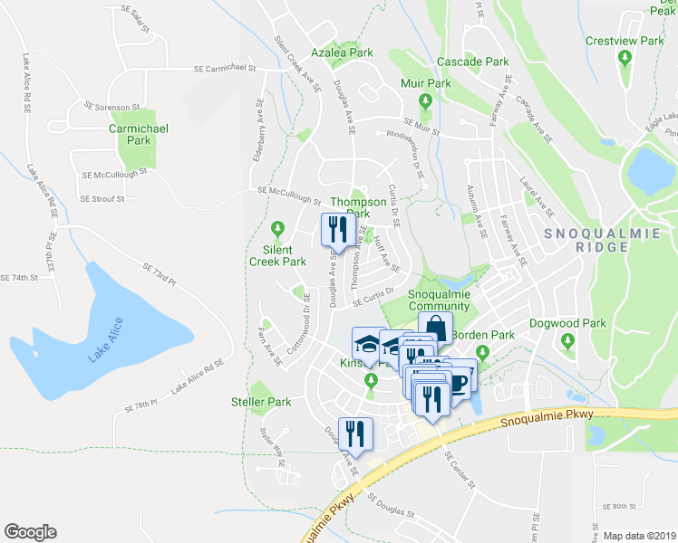 map of restaurants, bars, coffee shops, grocery stores, and more near 7324 Douglas Avenue Southeast in Snoqualmie