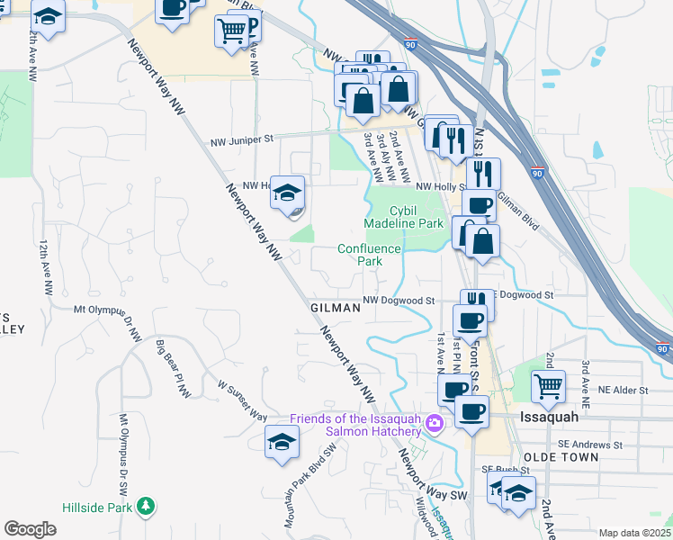 map of restaurants, bars, coffee shops, grocery stores, and more near 360 Northwest Dogwood Street in Issaquah