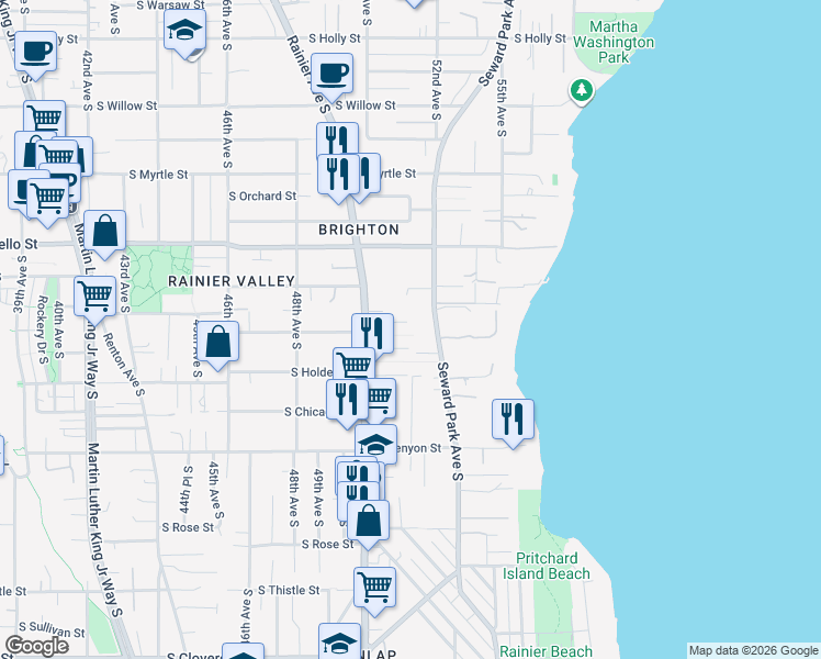 map of restaurants, bars, coffee shops, grocery stores, and more near 5138 South Medley Court in Seattle