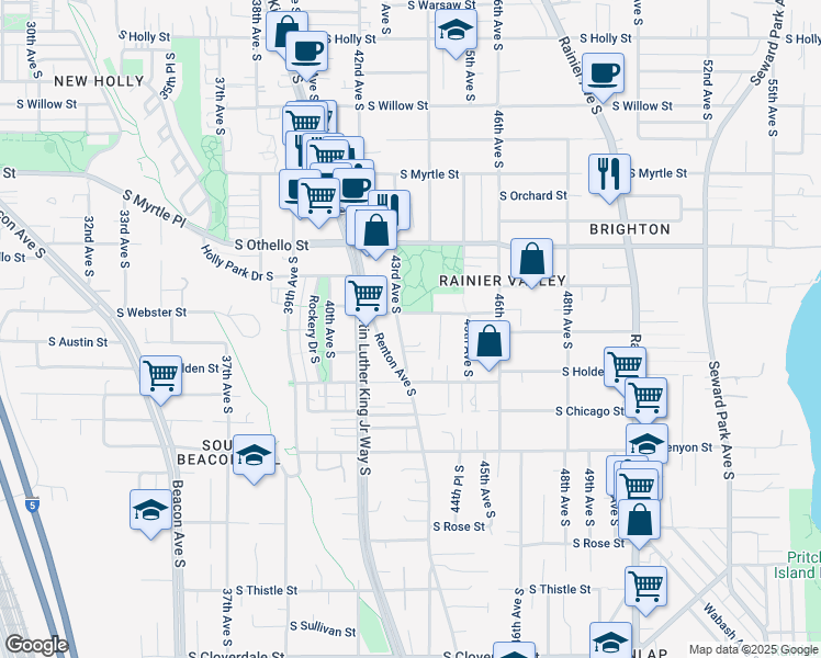 map of restaurants, bars, coffee shops, grocery stores, and more near 4317 South Webster Street in Seattle