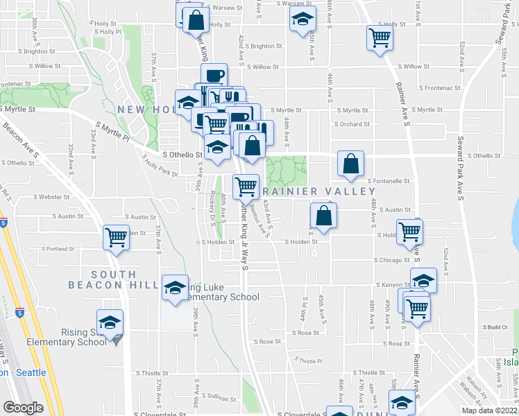 map of restaurants, bars, coffee shops, grocery stores, and more near 7500 Renton Avenue South in Seattle