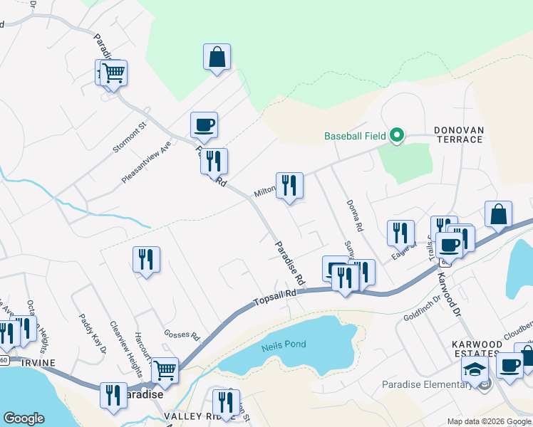 map of restaurants, bars, coffee shops, grocery stores, and more near in Paradise