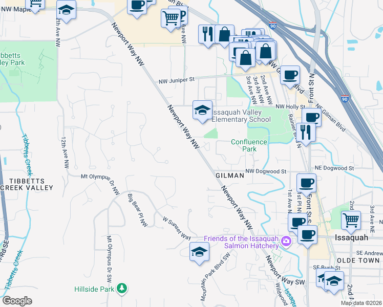 map of restaurants, bars, coffee shops, grocery stores, and more near 515 Newport Way Northwest in Issaquah