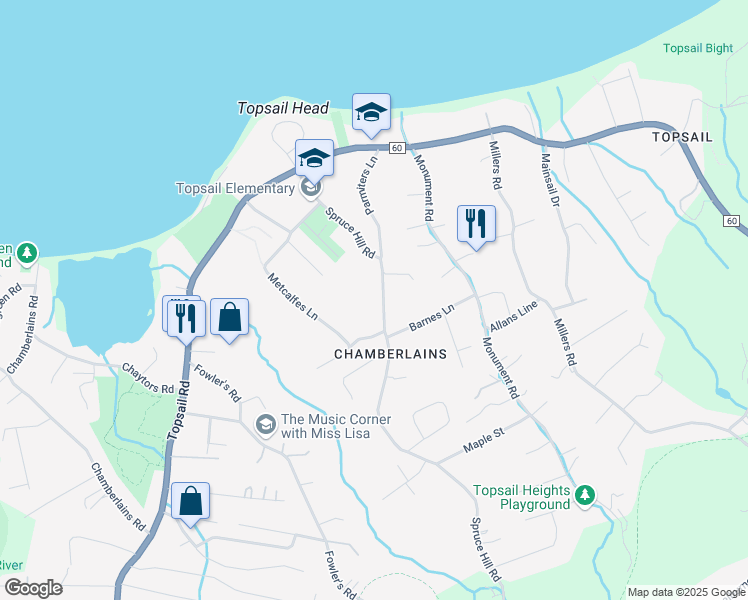 map of restaurants, bars, coffee shops, grocery stores, and more near 68 Spruce Hill Road in Conception Bay South