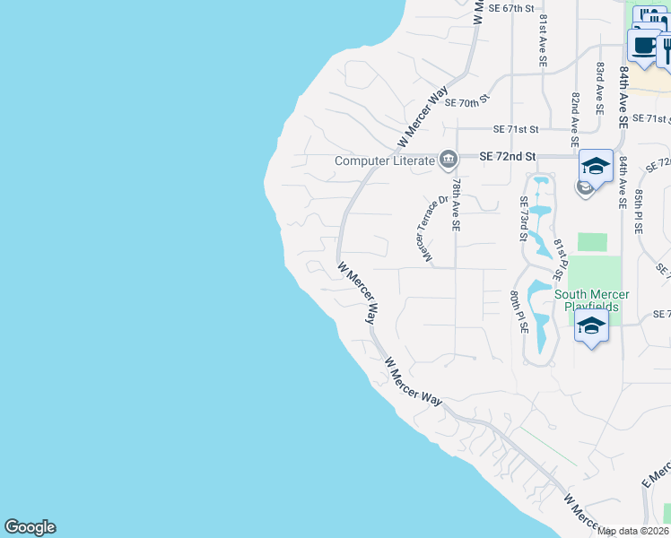 map of restaurants, bars, coffee shops, grocery stores, and more near 7449 West Mercer Way in Mercer Island