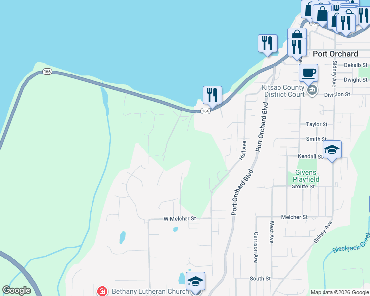 map of restaurants, bars, coffee shops, grocery stores, and more near 1432 Wilkins Place Southwest in Port Orchard