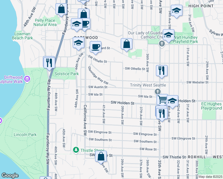 map of restaurants, bars, coffee shops, grocery stores, and more near 3937 Southwest Austin Street in Seattle