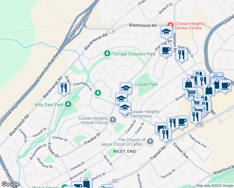 map of restaurants, bars, coffee shops, grocery stores, and more near 104 Frecker Drive in St. John's