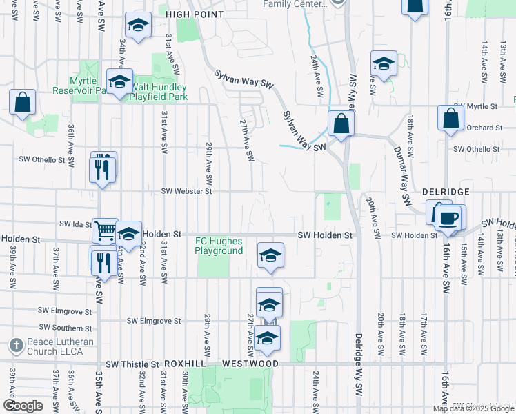 map of restaurants, bars, coffee shops, grocery stores, and more near 2600 Southwest Holden Street in Seattle