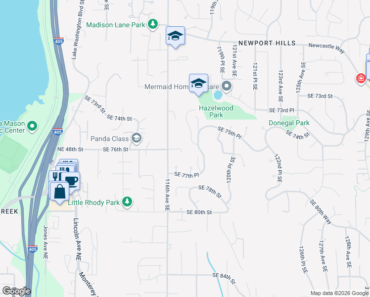 map of restaurants, bars, coffee shops, grocery stores, and more near 11630 Southeast 76th Court in Newcastle
