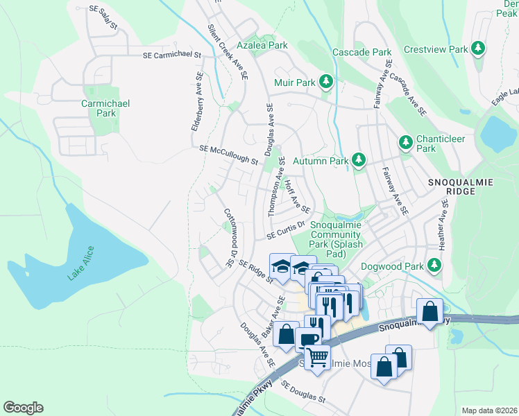 map of restaurants, bars, coffee shops, grocery stores, and more near 7320 Douglas Avenue Southeast in Snoqualmie