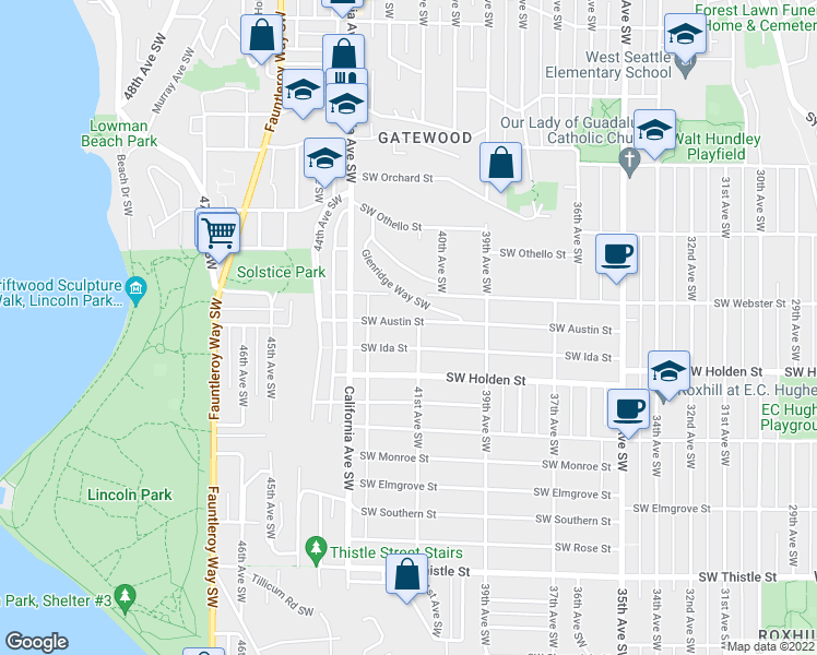 map of restaurants, bars, coffee shops, grocery stores, and more near 4107 Southwest Austin Street in Seattle