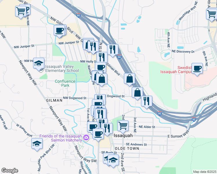 map of restaurants, bars, coffee shops, grocery stores, and more near 490 Front Street North in Issaquah