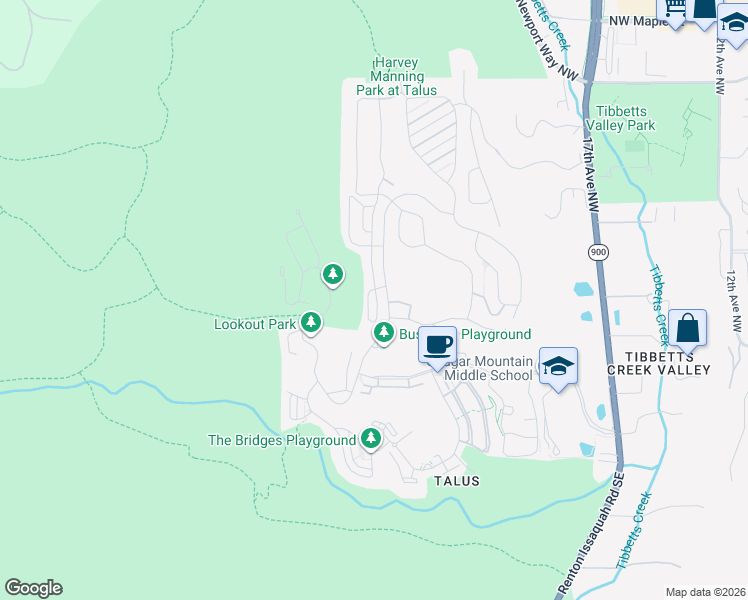 map of restaurants, bars, coffee shops, grocery stores, and more near 101 Lingering Pine Drive Northwest in Issaquah