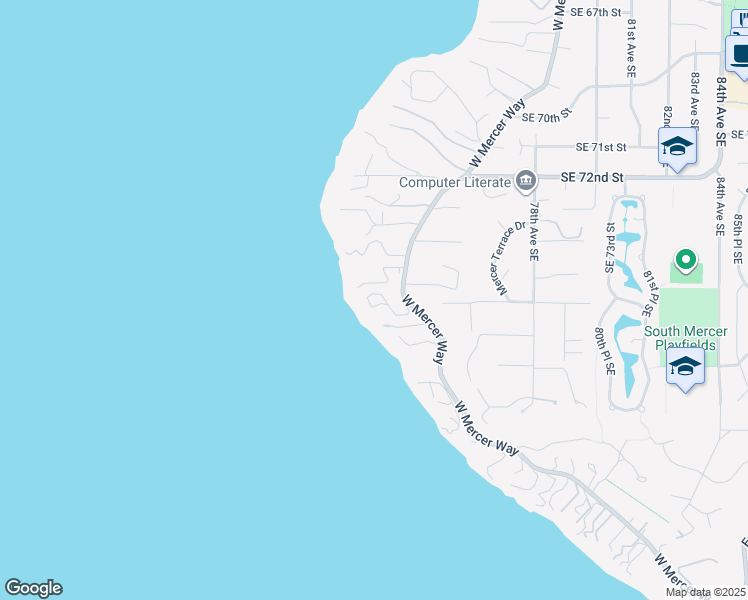map of restaurants, bars, coffee shops, grocery stores, and more near 7453 West Mercer Way in Mercer Island
