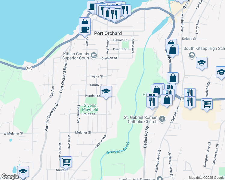 map of restaurants, bars, coffee shops, grocery stores, and more near 813 Kendall Street in Port Orchard