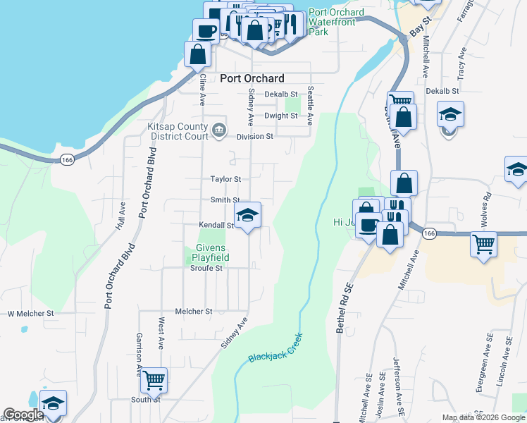 map of restaurants, bars, coffee shops, grocery stores, and more near 813 Kendall Street in Port Orchard