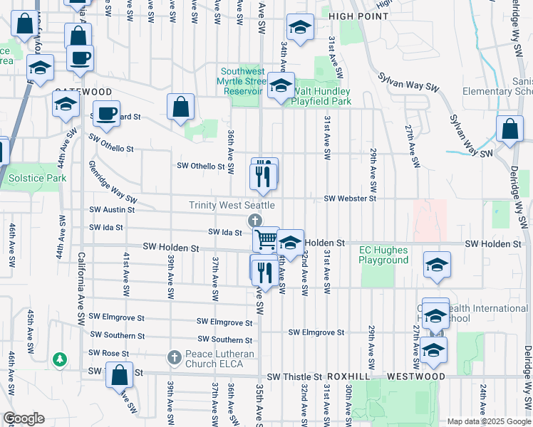 map of restaurants, bars, coffee shops, grocery stores, and more near 7520 35th Avenue Southwest in Seattle