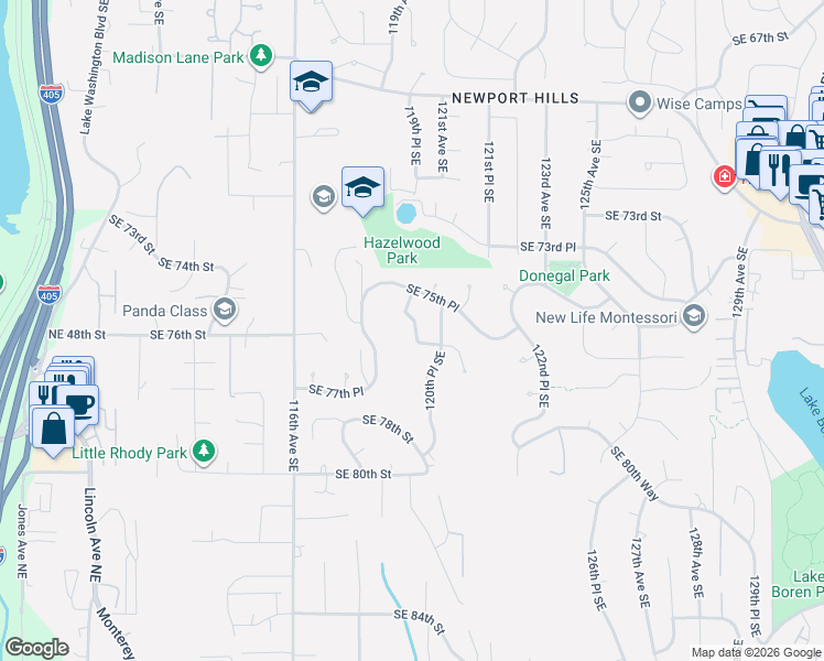 map of restaurants, bars, coffee shops, grocery stores, and more near 7529 Southeast 76th Street in Newcastle