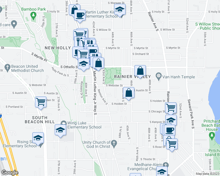 map of restaurants, bars, coffee shops, grocery stores, and more near 4317 South Webster Street in Seattle