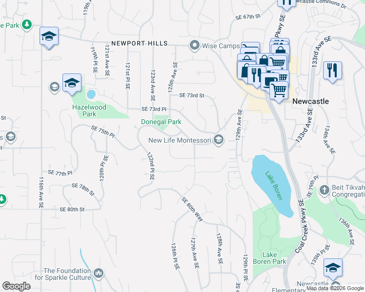 map of restaurants, bars, coffee shops, grocery stores, and more near SE 74th Pl in Newcastle