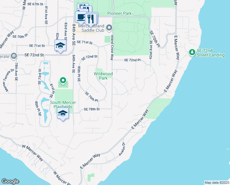 map of restaurants, bars, coffee shops, grocery stores, and more near 8812 Southeast 77th Place in Mercer Island